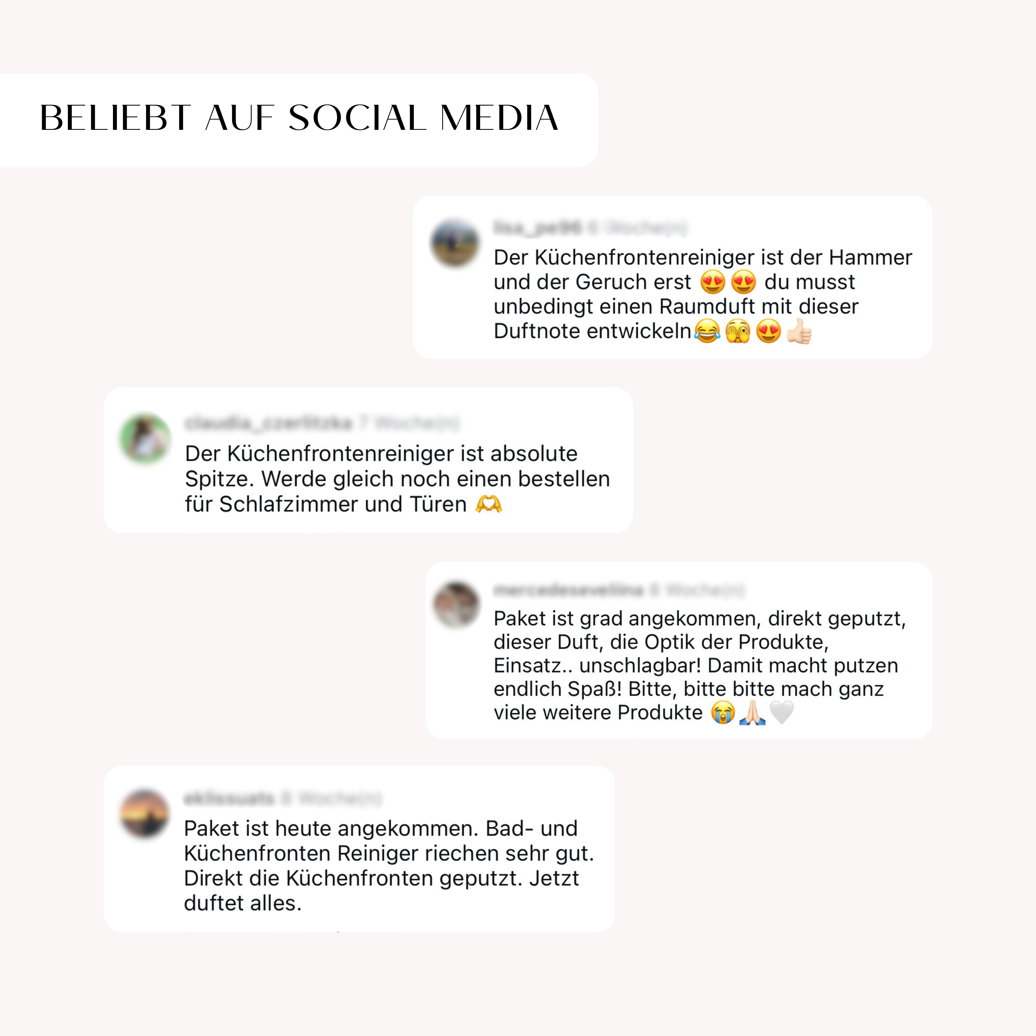 Das Bild zeigt positive Kommentare von Kunden zum Küchenfrontenreiniger