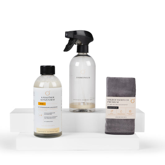 Badreiniger-Starterset: Kalklöser Konzentrat, Mischflasche und Mikrofasertuch