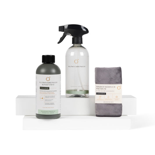 Allzweckreiniger-Starterset: Konzentrat, Mischflasche und Premium Mikrofasertuch
